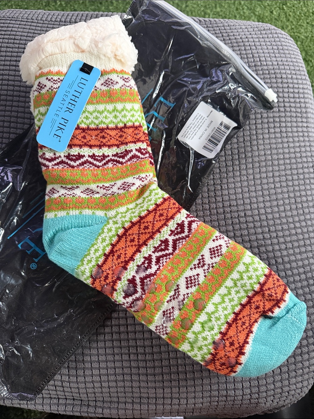 Luther Pike Teal, Orange & Green Fair Isle Sherpa-Lined Casual Socks